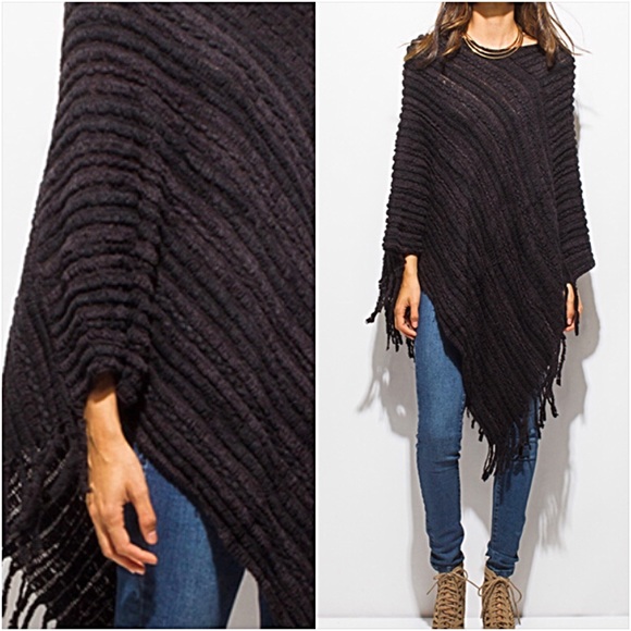 Black Soft Sweater Poncho Scarf Wrap OS - Picture 5 of 8